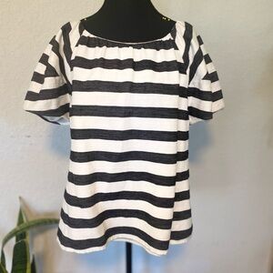 Classic White Striped Blouse, off-the-shoulders with ruffled sleeve Blouse